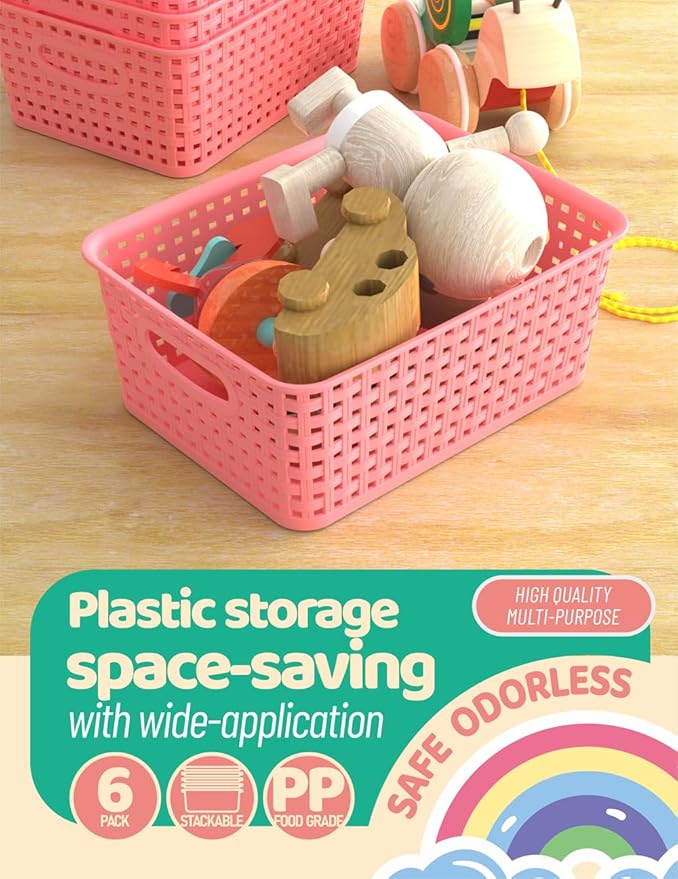 WYT 6-Pack Plastic Small Shelf Storage Weave Baskets Organizing for Cabinets and Pantries, Pink