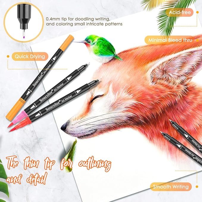 Soucolor Art Brush Markers Pens for Adult Coloring Books, Cute Preppy Stuff School Office Teacher Supplies, 34 Colors Dual Tip (Brush and Fine Point) Drawing Markers for Note Taking Journal Classroom