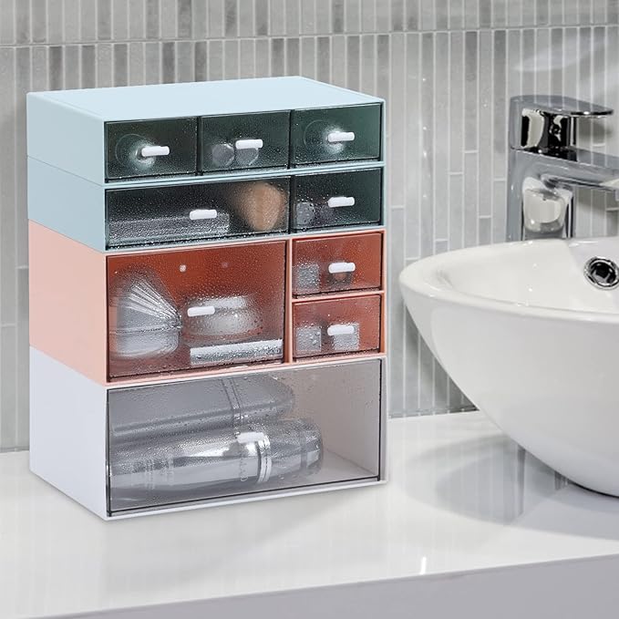 Desk Craft Organizer and Storage with 7 Flat Drawers, Stackable Plastic Desktop Accessories & Workspace Organizer for Office Stationary, Makeup Skincare, Sanitation Supplies, Blue