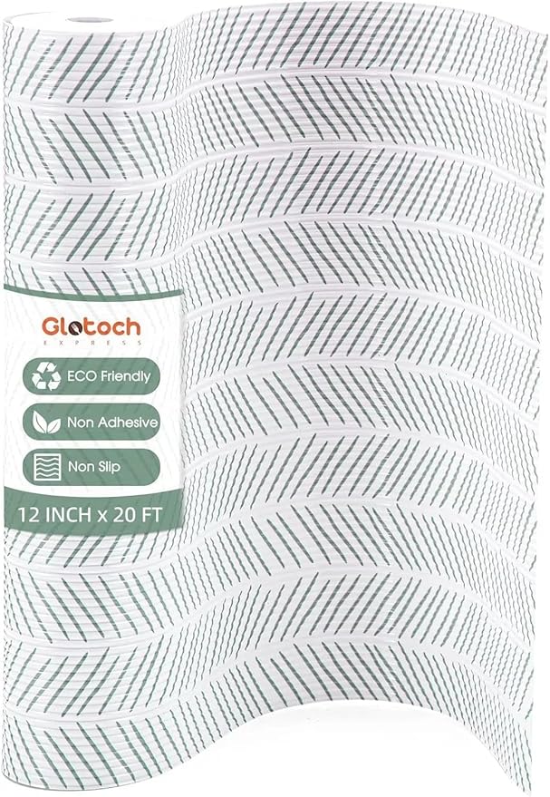Glotoch Shelf Liners for Kitchen Cabinets Non-Adhesive,12in x 20FT Non Slip Shelf Liner Waterproof Contact Paper for Cabinets and Drawers,Pantry, EVA Wire Shelf Liners,White and Green Herringbone