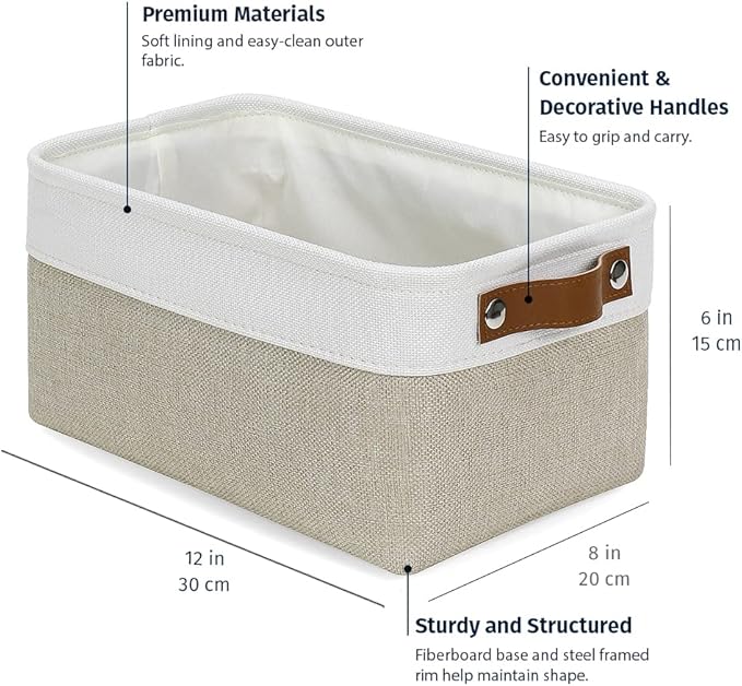 OrganiHaus Small Fabric Storage Baskets for Shelves 3 Pack, 12x08in Closet Storage Bins for Shelves, Canvas Baskets for Organizing, Linen Closet Organizers, Cloth Basket, Beige/Off-White