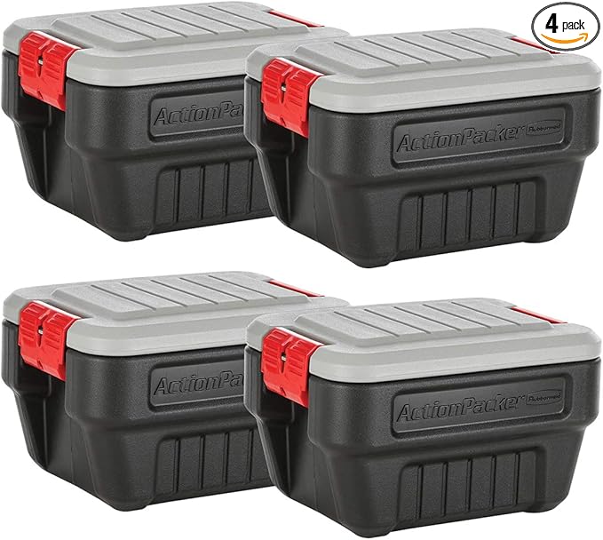Rubbermaid® ActionPacker®️ 8 Gal Lockable Storage Box Pack of 4, Outdoor, Industrial, Rugged, Grey and Black