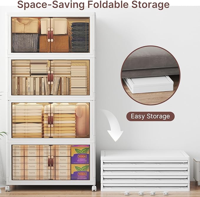 480Qt Stackable Storage Bins with Lids, 4 Pack Large Collapsible Bins with Wheels, Plastic Cabinet with Doors, Foldable Closet Organizers and Storage for Home, Dorm, Office, White