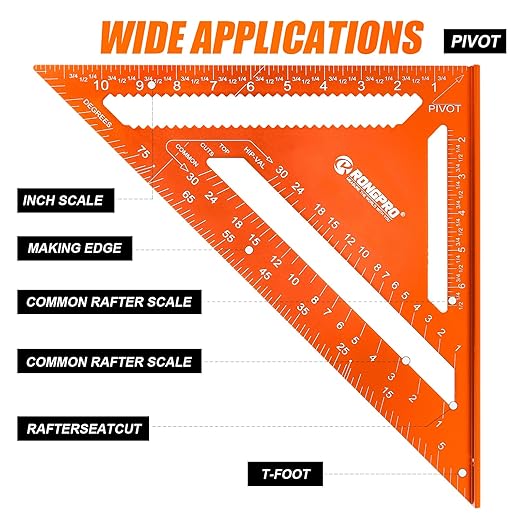 12 Inch Rafter Square, Carpenter Measuring Layout Tool, Aluminum Alloy Triangle Ruler Protractor for Woodworking and Carpentry - Imperial