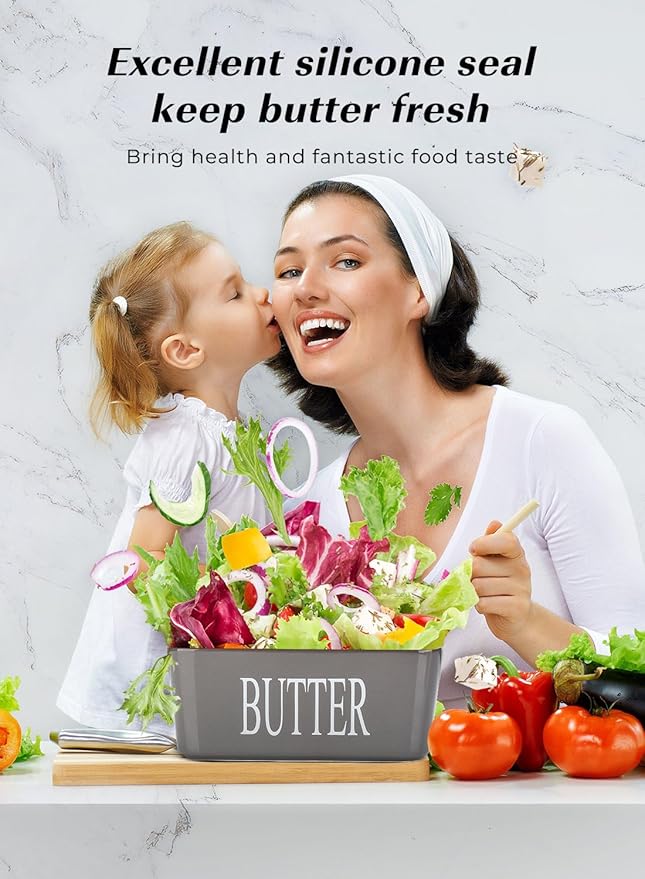 Butter Dish with Lid: Large Butter Container for Countertop - Ceramic Butter Holder for Counter - Butter Tray Butter Keeper with Knife and Sponge Scrubber - Perfect for 2 Sticks of Butter Grey