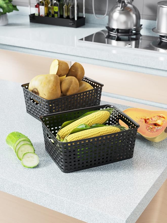 WYT Woven Storage Organizer Basket, 6-Pack Black Plastic Weave Baskets, 10.1 x 7.55 x 4.1