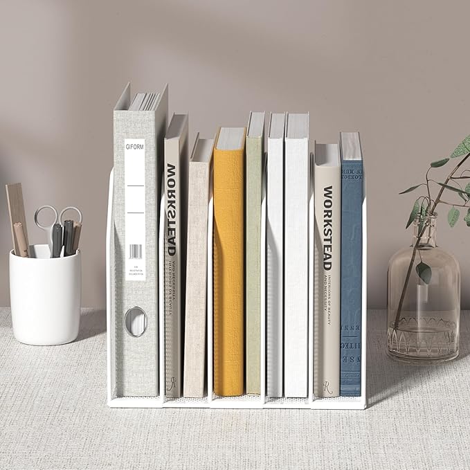 Vertical File Organizer for Desk - Metal Mesh File Holder with 5 Compartments, File Folder Rack & Document Storage Stand, File Sorter for Office/Home/School Use - 9.3" x 8.5" x 7.9"