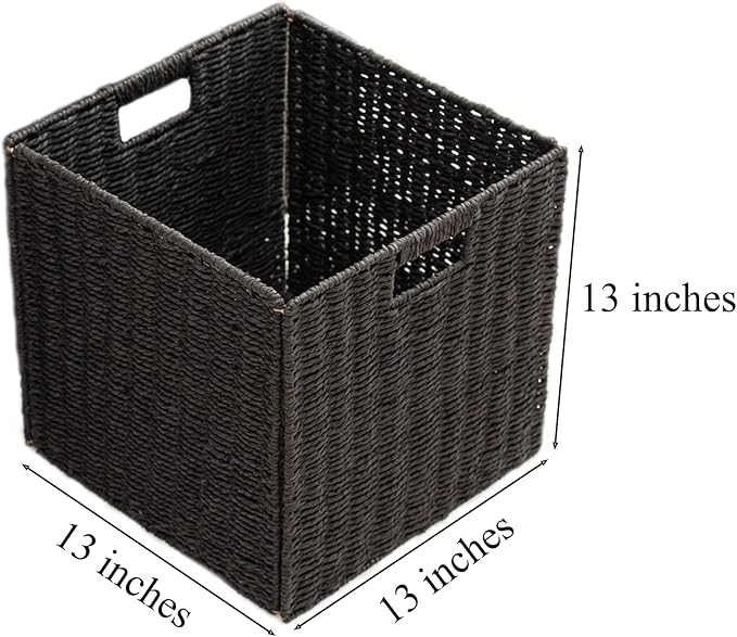 Handwoven Paper Woven Cube Basket Organizer with Handles set of 4 Foldable Storage baskets for Bedroom Living Room Cubby Storage Units for Clothes Books Toys (Black, 13" L x 13" W x 13" H)