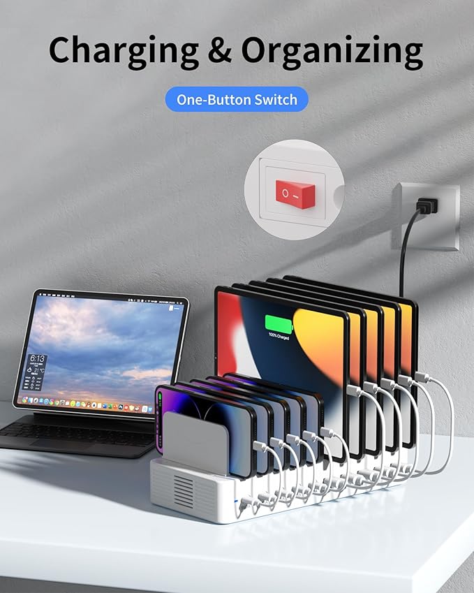 100W Charging Station for Multiple Devices, 10-Port USB Fast Charging Station with Adjustable Dividers & 10 Cables- Multi Device Organizer Charging Dock for iPhone, iPad, Tablets & More