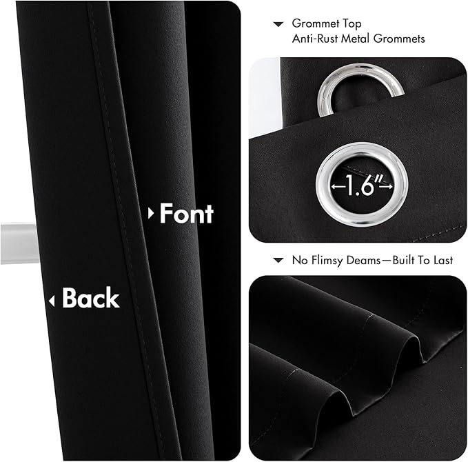 MIULEE Black Blackout Curtains for Bedroom Living Room 72 Inches Long 2 Panels, Thermal Insulated Room Darkening Drapes Solid Grommet Top Noise Reduction Light Blocking Halloween Window Curtains