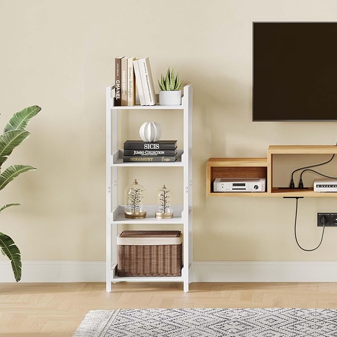 Rolanstar Bookshelf, 4-Tier Storage Rack, Narrow Corner Bookshelf, Display Wooden Shelves for Living Room, Bathroom, Balcony, Kitchen,White