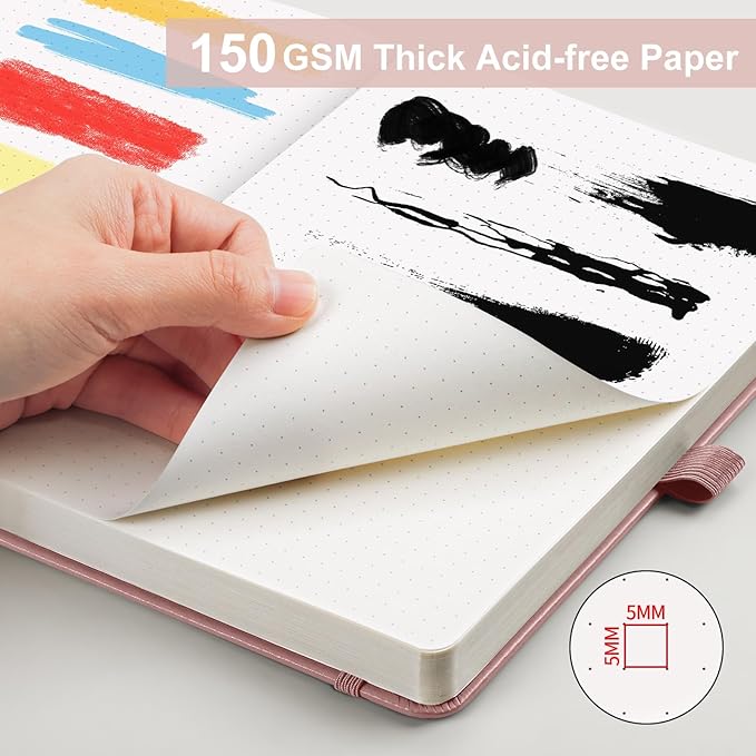 AHGXG Bullet Dotted Journal - 150 GSM Dot Grid Notebook Journal, Thick Acid-Free Paper, A5 Dotted Notebook 128 Pages, Leather Hardcover, Inner Pocket, Journal Stencil, 5.7'' × 8.3'' - Rose Gold
