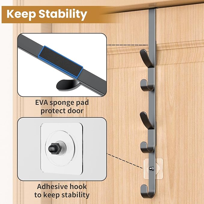 Over The Door Hooks, Metal Door Hooks for Hanging, Over The Door Purse Organizer for Door Coat Hanger, Back of Shower for Hanging Towel Rack Clothes, Hat, Bathroom, Closet (Black-2Packs)