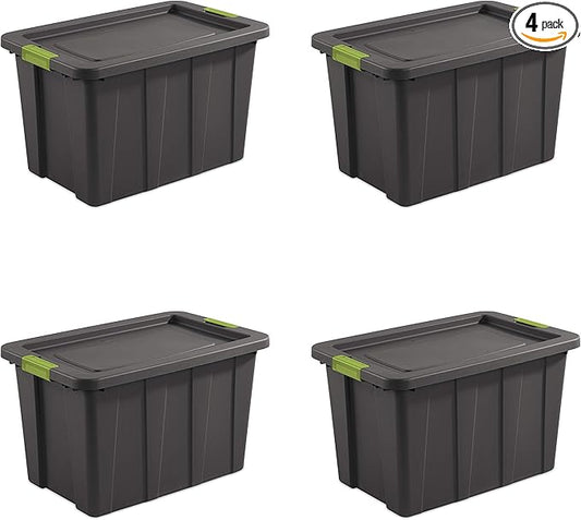 Sterilite 30 Gal Latching Tuff1 Storage Tote, Stackable Bin with Latch Lid, Plastic Container to Organize Garage, Basement, Gray Base and Lid, 4-Pack
