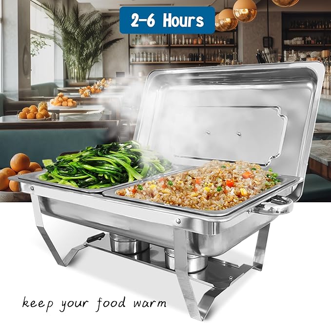Chafing Dish for Buffet, 6 Pack Stainless Steel Chafing Servers Food Warmer Set with 8QT Half Size Food Pan for Kitchen Party Banquet Dining