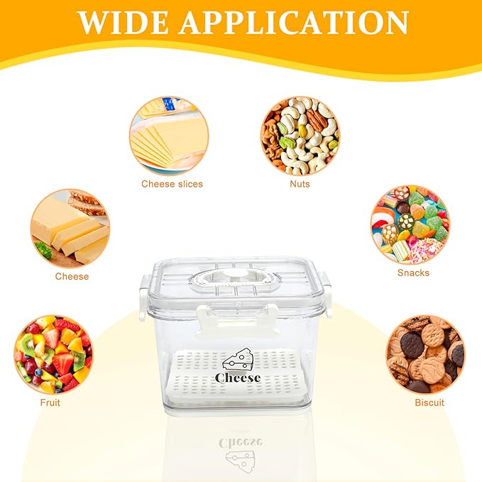 2 Pcs Cheese Container for Refrigerator,Cheese Keeper with Airtight Lid and Time Recording,Cream Block Shredded Cheeses Storage Box,Sliced,Grated,Cheddar Cheeses Box For Fridge,kitchen