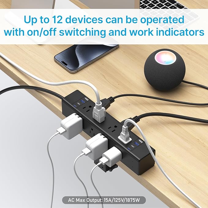 CCCEI Desk Outlet Station 45W USB C Port. 12 Outlet Desktop Clamp Power Strip Surge Protector 4800J with Switch. Nightstand Office Standing Desk Accessories Fit Thicker Table Edge or Screw Mount, 10FT