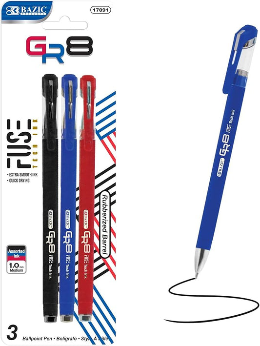 BAZIC Oil Gel Ink Pen, GR8 Assorted Colors w/Rubberized Barrel, 0.7 mm Medium Point Smooth Writing, for Office School (3/Pack), 1-Pack