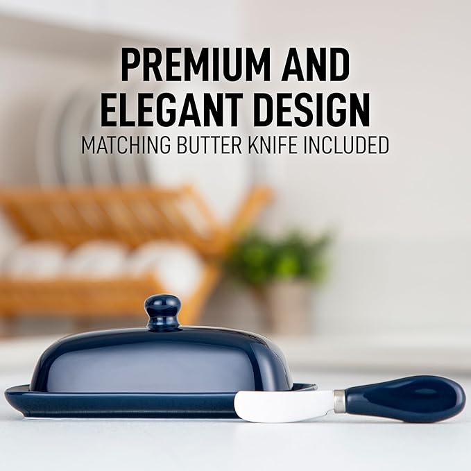 Zulay Butter Dish With Lid For Countertop - Porcelain White, Ceramic Butter Dish with Knob Handle Great for Cooking - Elegant Design Butter Holder - Durable & Sturdy Butter Keeper - Navy