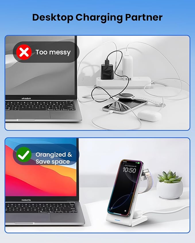 3 in 1 Wireless Charging Station, Foldable Magnetic Wireless Charger Stand for Multiple Devices, Wireless Charger for iPhone 16/15/14/13/12, Apple Watch 9/8/7/6/SE/5/4/3/2, AirPods 3/2/Pro