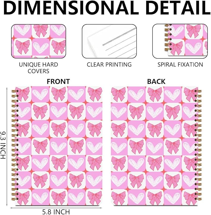 2Pcs Spiral Notebook, Pink Bow Heart College Ruled Spiral Notebook, 160 Pages Hardcover Notebooks Journals for Writing Travel Business Office, Cute Pink Aesthetic Notebooks for Women