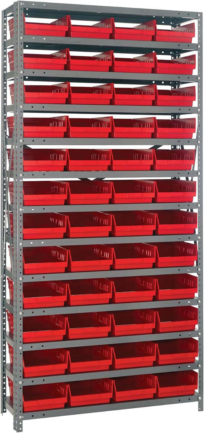 Quantum Storage Systems 1875-108RD Steel Shelving Unit with 4" Shelf Bins, 18" D x 36" W x 75" H, Red