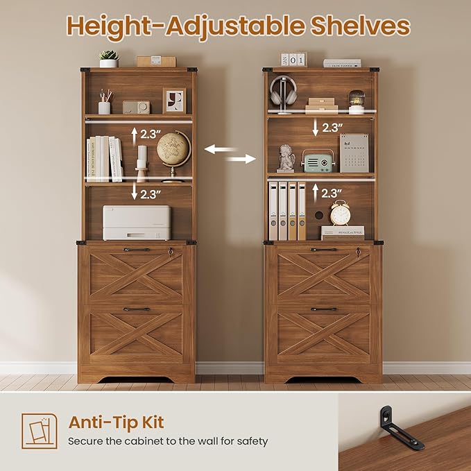 SEDETA 2 Drawer File Cabinet with Lock, Wood Filing Cabinet fits Letter, Legal, A4 Size, Hanging File Folders, Farmhouse File Cabinets for Home Office with Adjustable Storage Shelf (Brown)