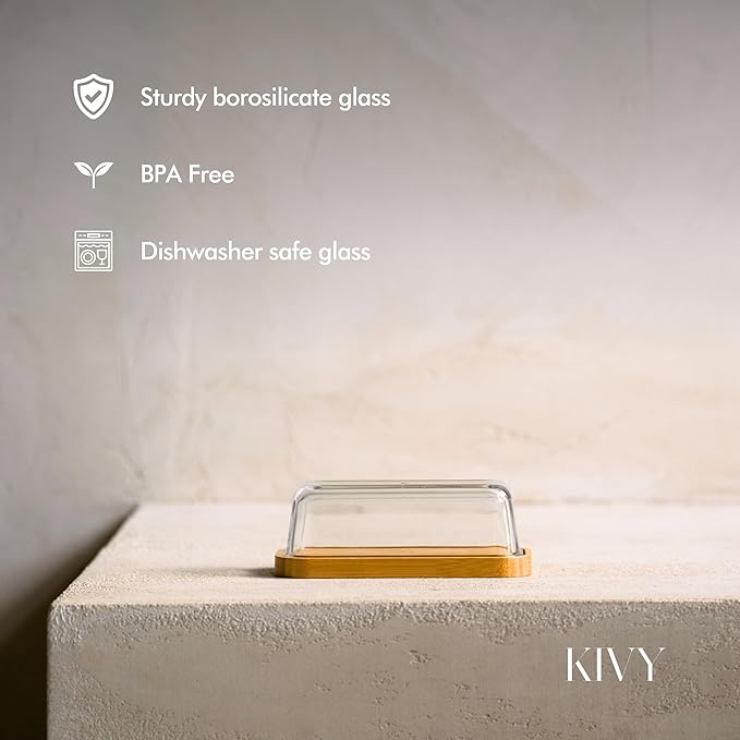 KIVY Glass butter dish with airtight lid that keeps butter soft - For countertop and refrigerator door shelf - Butter tray fridge - Butter holder for counter - Covered butter dishes with lid