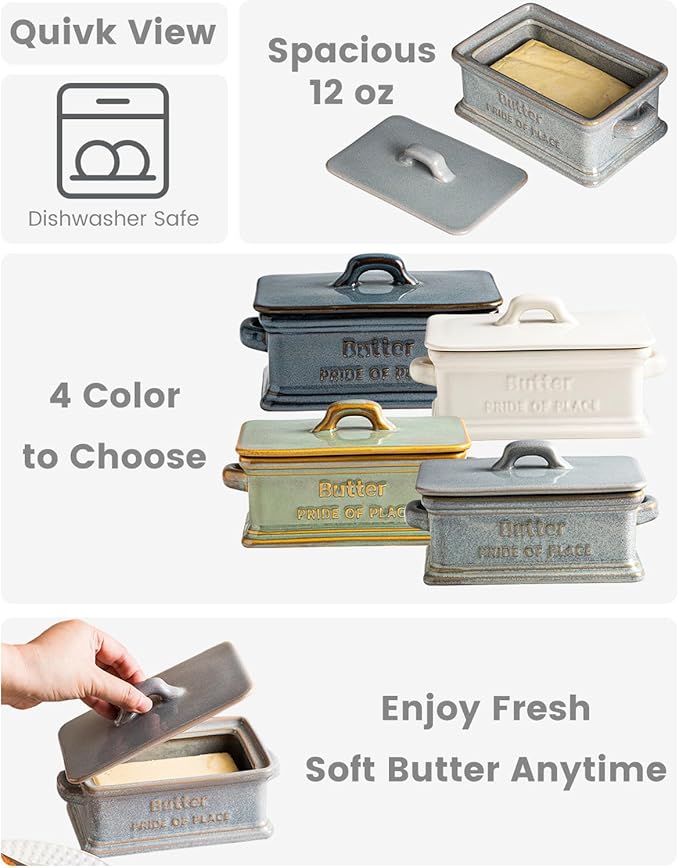 Butter Dish with Lid, Ceramic Butter Holder Container Large Butter Dish for Countertop Farmhouse Thanksgiving Christmas Decor Butter Keeper for East West Coast Butter, Gray