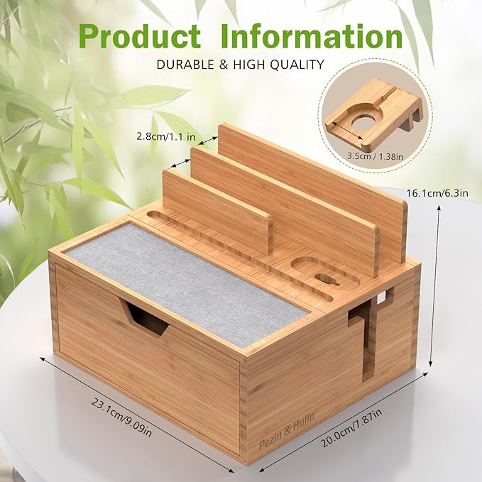 Pezin & Hulin Bamboo Charging Station for Multi Device, with Power Charger & Cables, Nightstand Docking Station with Lined Tray & Drawer, Compatible with Tablet, Cell Phones