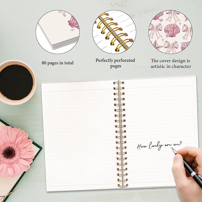 JXREQ Pink Bow Seashell Coquette Notebook Journal Notebook, Trendy Aesthetic Journal for Women, Girly Office Supplies, Coquette Beachy Spiral Notebooks 5.5x8.3