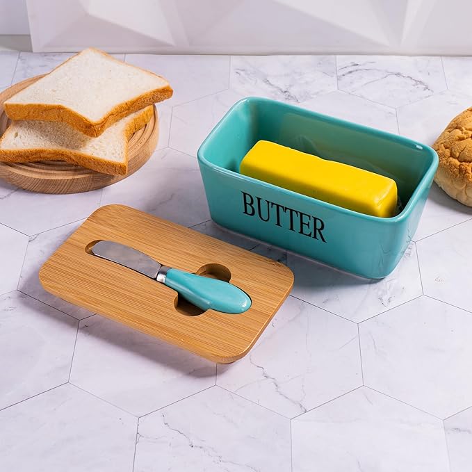 Large Butter Dish with Lid for Countertop, Ceramic Butter Stick Holder Container with Cover and Knife for Fridge