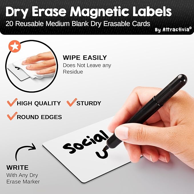 Dry Erase Magnetic Labels 3.7 x 2.8 in, Medium Dry Erase Magnets, 20-Pack, White Erasable Write-On All-Purpose Labels, for Office, Education, Home, Whiteboard