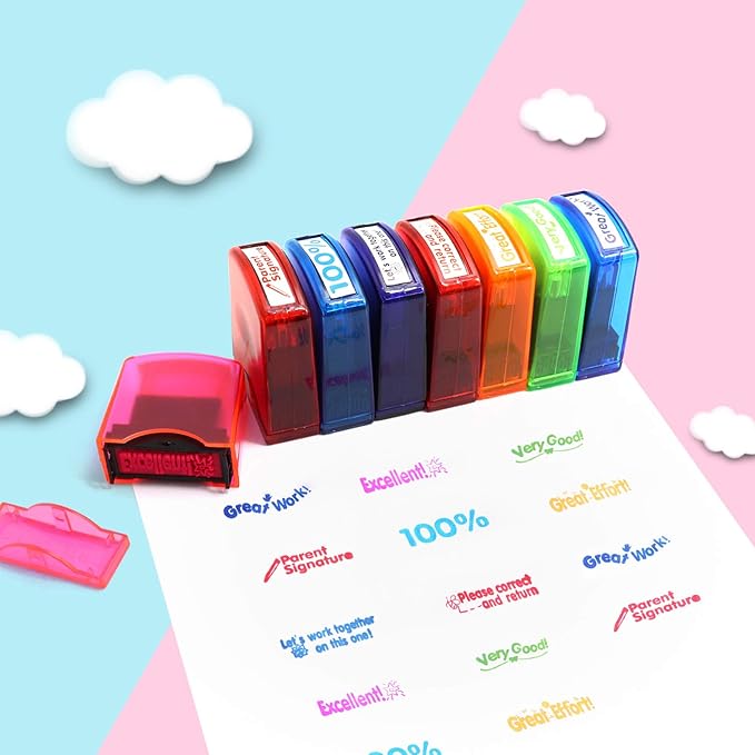 Reliancer Colorful Self-Inking Motivation School Grading Teacher Stamp Set and Tray (8-Piece)