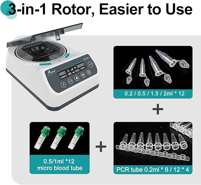 JOANLAB Lab High Speed Centrifuge Machine 12000rpm Bechtop Microcentrifuges 3 in 1 Rotor for 0.2/0.5/1.5/2mL Tube Capacity