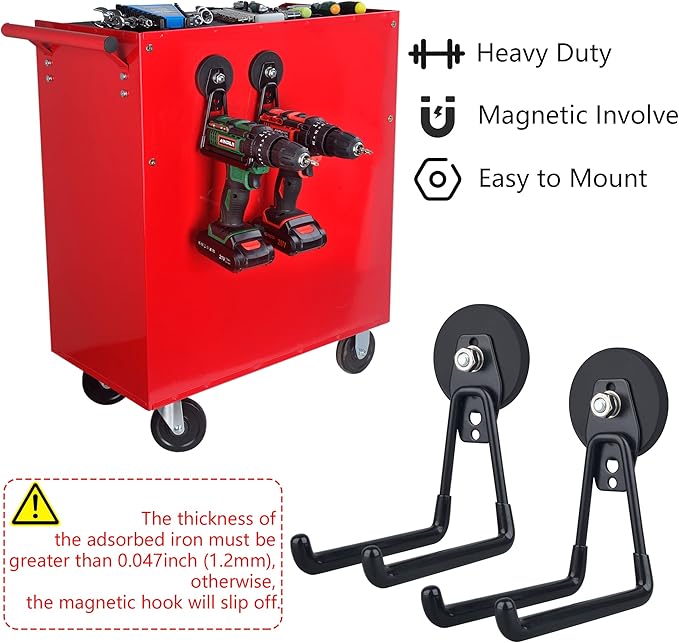 MUTUACTOR Large Garage Hooks,2PCS Storage Magnetic Hooks Heavy Duty,Anti-Slide Garage Hanger Magnetic Mounting,Garage Organization for Power Drill,Garden Tools,Hose,Tool Chest,Steel Pegboard,Workshop