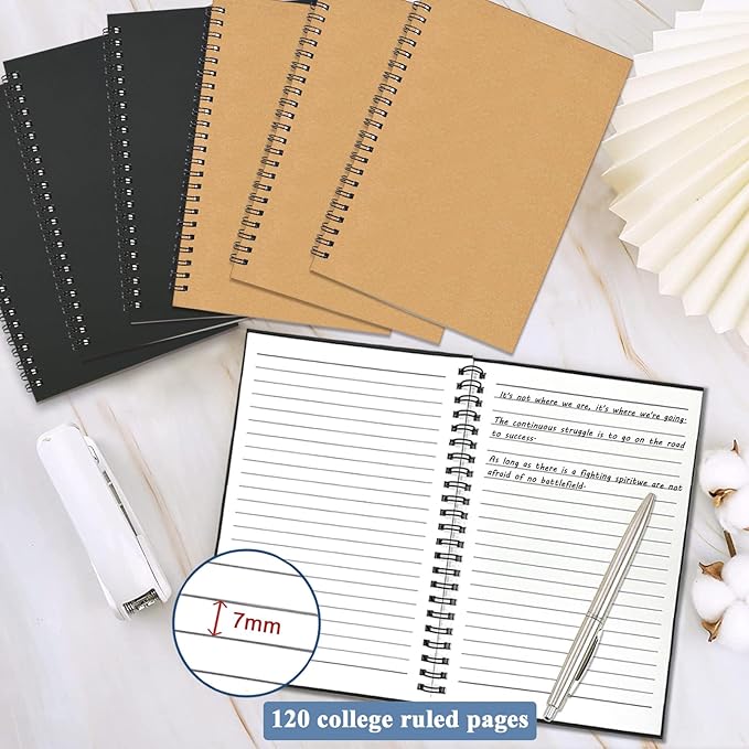12Pack Small Spiral Notebook A5, 8.25x5.5” 120 Lined Pages Black & Brown Wide Ruled Spiral Journal Bulk Blank Kraft Cover Spiral Bound Notebook & Writing Pads for Home Office Meeting Work Note Taking