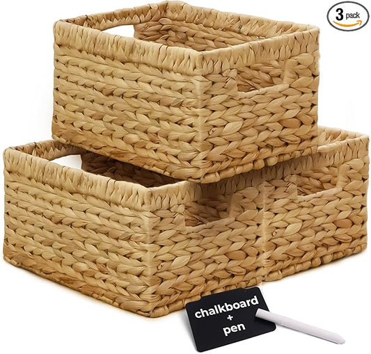 KOKODO Pack 3 Medium Wicker Storage Baskets with Chalkboard, Stylish and Durable Water Hyacinth Rectangle Handwoven Basket Bin with Metal Frame & Handle for Room Organizing