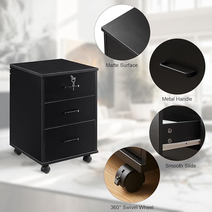 File Cabinet with Lock 3 Drawer Mobile Filing Cabinet with 360° Swivel Wheels, Under Desk Storage Cabinet Wooden File Organizer for Legal/Letter/A4 Documents, Home Office Storage (Black)