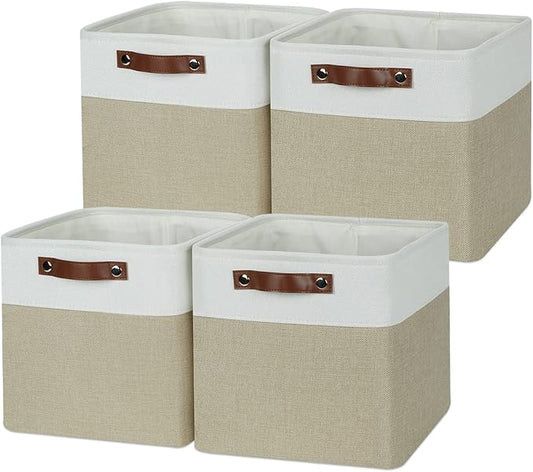 Temary 11 x 11 Cube Storage Bins Fabric Storage Baskets 4 Pack Cubes Baskets with Handles for Organizing Clothes, Organizer Bins for Storage (White&Khaki)