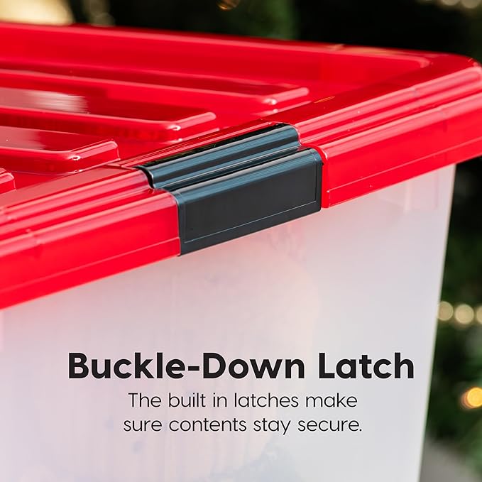 IRIS USA 91 Qt. Stackable Plastic Storage Bins with Lids, 4 Pack - BPA-Free, See-Through Organizing Solution, Latches, Durable Nestable Containers, Secure Pull Handle, Made in USA - Red