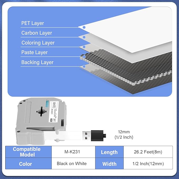 5 Pack M-K231 M Tape 12mm Compatible with M-K231s Brother Label Tape Black on White 0.47 Inch for P Touch PT-M95 PT95 PT65 PT-65 PT70 PT85 PT90 Label Maker Tape Refill