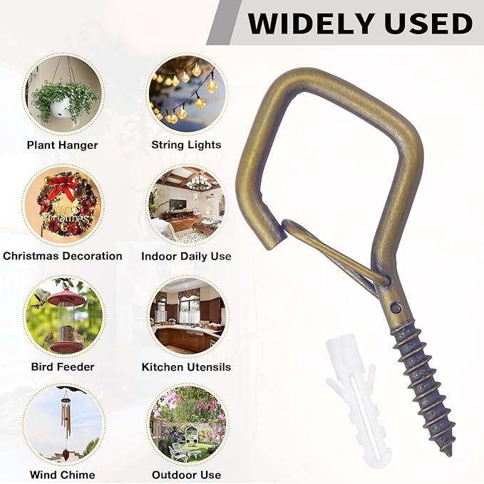 10 PCS Eye Screw Hooks for Hanging Heavy Duty with Safety Buckle.Metal Ceiling Hooks for Hanging Plants,Cup,Wind Chime,Bird Feeders,String Lights at Indoor&Outdoor,2.36 Inches Black