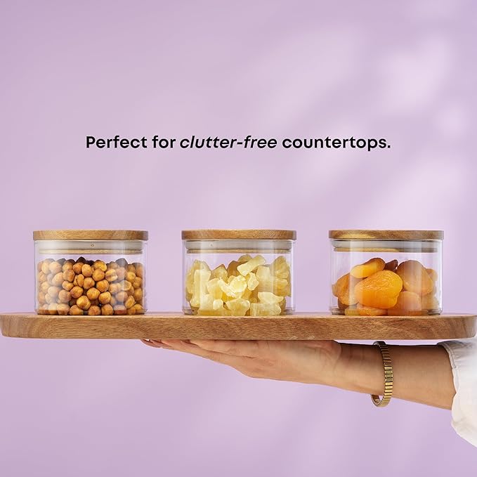 JoyJolt Holden 14oz Stackable Glass Storage Containers with Lids and Wooden Tray, Small Airtight Food Canister Set of 3 with Acacia Wood Lids, Round Clear Stacking Pantry and Kitchen Containers