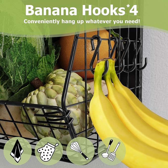 Magnetic Shelf for Fridge with Wood Lid, Heavy Duty Fruit Basket, Fruit Potato and Onion Storage Bins, Magnetic Spice Rack for Refrigerator, Black Hanging Wire Basket for Kitchen Counter