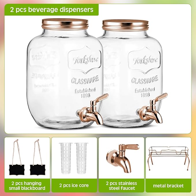 Lallisa 2 Pcs 2 Gallon Glass Drink Dispenser with Stand Ice Cylinder Hanging Chalkboard Signs 18/8 Stainless Steel Spigot Beverage Dispensers for Parties Mason Jar Drink Lemonade (Rose Gold)