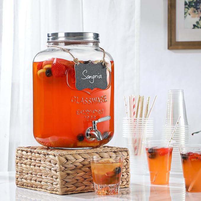 2 Gallon Glass Beverage Dispenser, 18/8 Stainless Steel Spigot and Lid - Glass Drink Dispensers for Parties - Mason Jar Drink Dispensers with Lids - Laundry Detergent Holder