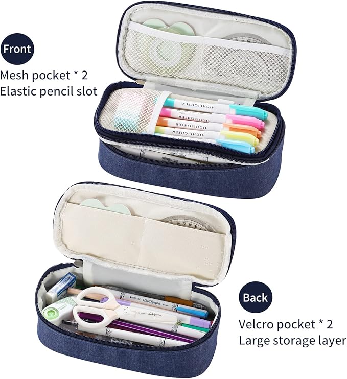 Big Pencil Case Large Capacity Pencil Bag with Zipper Pencil Pouch for Boys Girls Kids Adults Stationery Pencil Pen Case Organizer for School Office Blue