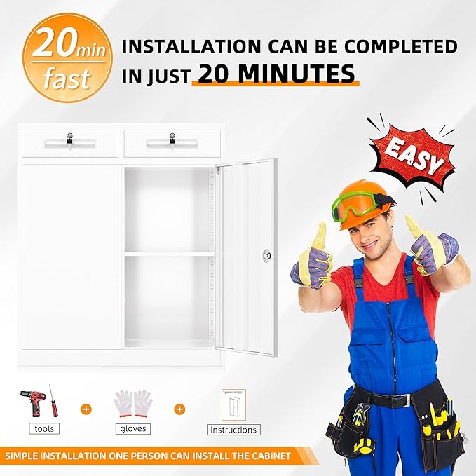 INTERGREAT Metal Cabinet with Drawers, Lockable Metal Storage Cabinets with Doors and Shelves for Garage, White Locking Garage Storage Cabinets 36"×32"×16"