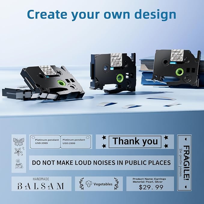 Label Maker Tape Clear TZe TZ Tape 12mm 0.47 Laminated TZe-131 Replacement for Brother P-Touch Label Tape Black on Clear TZe131 for Ptouch PT-D220 D210 H110 1180 1280 1890 Refills, 4-Pack